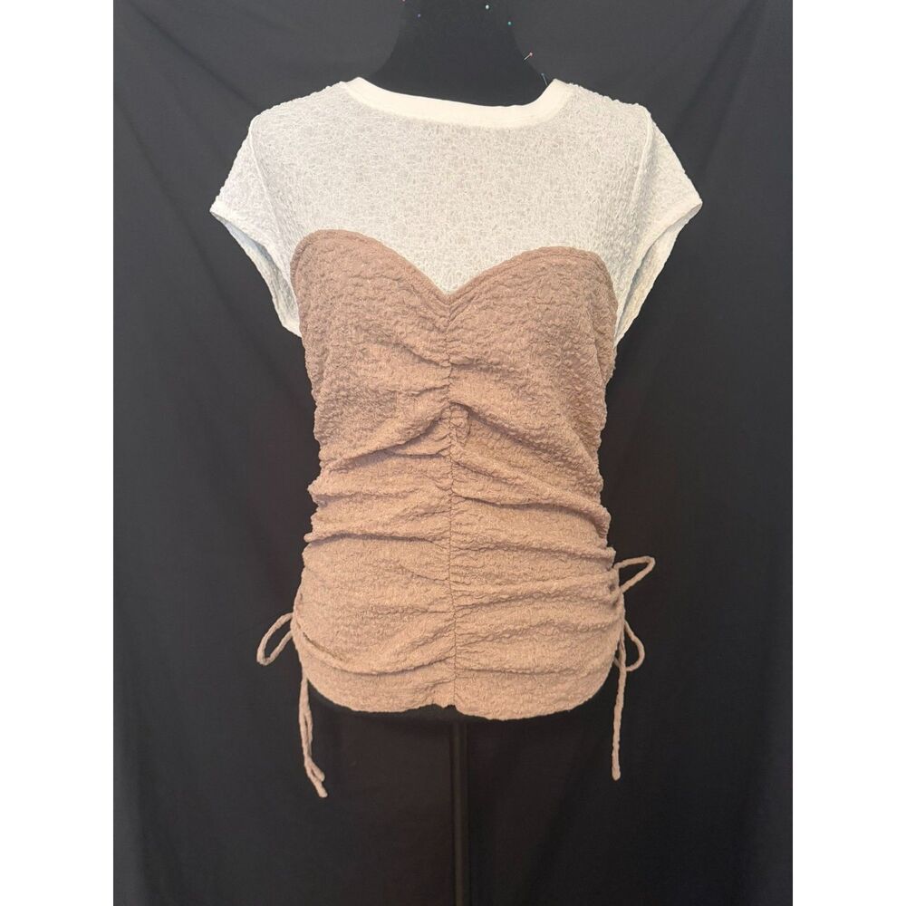 #228 - Anthropologie Maeve Ruched Corset Short-Sleeve - M - Seasame/White
